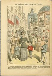 Illustration von Achille Lemot (1846-1909) in Le Pelerin, 03/05/08 - Das Jahrhundert von Zola - Religion Glaube, Familie, Pornografie, Zeitungskioske, Katholizismus, Rue Gasse - Zola Emile