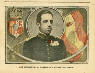 Illustration von Achille Lemot (1846-1909) in Le Pelerin, 04/06/05 - Seine Majestät Alfonso XIII., König von Spanien, gefeierter Gast Frankreichs - Spanien, Monarchie, Flaggen, Ausländischer Souverän - Alfonso XIII.