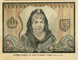 Illustration von Achille Lemot (1846-1909) in Le Pelerin, 24/04/04 - Königin Isabelle, die gerade in Paris gestorben ist - Paris, Spanien, Monarchie, ausländische Souveränität - Isabella II. von Spanien (1830-1904)
