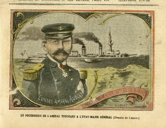 Illustration von Achille Lemot (1846-1909) in Le Pelerin, 27/08/05 - Der Nachfolger von Admiral Touchard im Generalstab - Armee, Marine, Stab, Kriegsschiffe - Admiral Admiräle, Aubert Marie Jacques Charles (1848-1915), Touchard Philippe (18