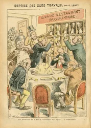 Illustration von Achille Lemot (1846-1909) in Le Pelerin, 27/10/07 - Wiederaufnahme harter Arbeit - Antiparlamentarismus, Restaurant Cafés, Kammer der Deputierten Hemicycle, Bloc des Linken, Plate au beurre - Deputierter - Metapher Ernährung