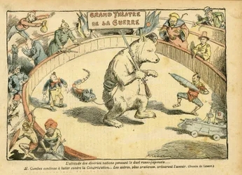 Illustration von Achille Lemot (1846-1909) in Le Pelerin, 28/02/04 - Die Haltung verschiedener Nationen... - Russland, Russisch-Japanischer Krieg - Émile Combes, Bär, Jahrmarktsbär - Animalisierung, Karneval/Spiel/Zirkus