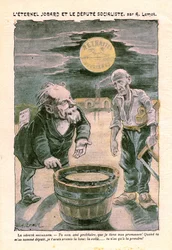 Sozialistischer Abgeordneter verspricht dem armen Proletarier (Zimmermann) den Mond (Rente), in Le Pelerin, katholische Wochenzeitung Nr. 1391 vom 30. August 1903 von A. Lemot (Zeichnung)