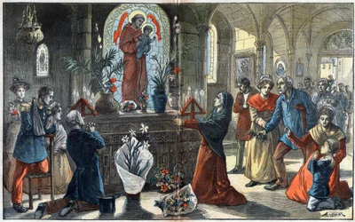 Die Andacht zu Sankt Antonius von Padua vereint vor seinem Altar alle Gesellschaftsschichten - Illustration von Achille Lemot in „Le-Pelerin“ von 1896