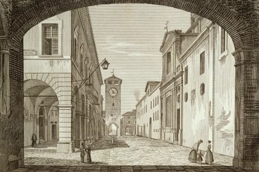 Ansicht des Platzes von Castel Bolognese in der Legation von Ravenna, graviert von Achille Parboni