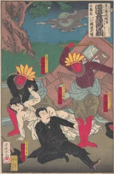 Kabuki-Aufführung mit Rothäuten und Kabuki-Schauspielern, spätes 19. Jahrhundert