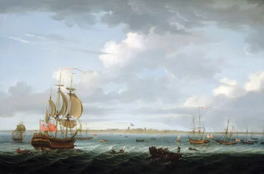 Navigation vor der Küste von Madras (Indien), mit einer Beschreibung des Hafens und der Stadt und der britischen Flagge über Fort Saint George, die die zunehmenden Schwierigkeiten in Indien für das Britische Empire hervorruft