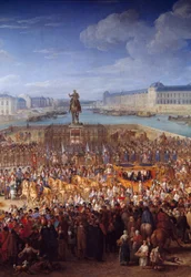 Königliche Kutsche. Zentrales Detail von Ludwig XIV. beim Überqueren der Pont Neuf in seiner Kutsche. Gemälde von Adam Francois Van Der Meulen