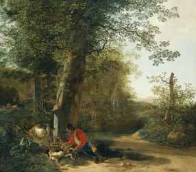 Bauer spielt mit seinem Hund am Waldrand