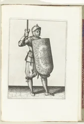 Übung mit Targe und Rapier: Der Soldat hält das gezogene Rapier nicht höher als sein Gesicht (Nr. 5), 1618