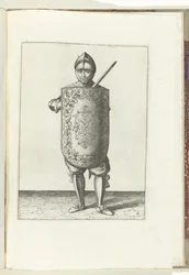 Die Übung mit dem Targe und Rapier: der Soldat hält den Targe vor die Brust und das gezogene Rapier an die linke Schulter (Nr. 6), 1618