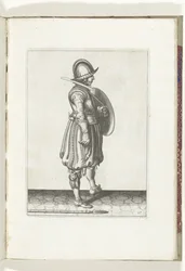 Die Übung mit Schild und Speer: der Soldat mit dem Schild bereit und der Speer neben seinem rechten Fuß auf dem Boden (Nr. 17), 1618