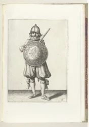 Übung mit Schild und Speer: der Soldat steht in Ruhe, sein Rapier ruht auf der linken Schulter hinter dem Schild (Nr. 23), 1618