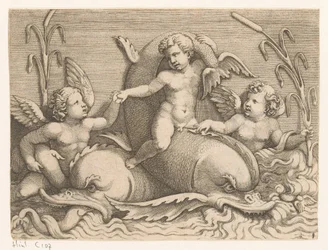 Drei Putti mit Delfinen