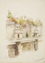 Casa de Monjas, Uxmal, Mexiko, Gemälde des oberen Stockwerks der Ruinen
