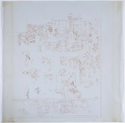 Kopie eines vollständigen Wandgemäldes von der Westwand, Oberer Tempel der Jaguare, Chichen Itza, Mexiko, Innerer Raum an der Westwand, gezeichnet in roter Tinte