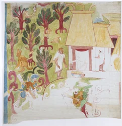 Kopie eines Teils eines Wandgemäldes vom südlichen Endpaneel, Ostwand, innere Kammer, Oberer Tempel der Jaguare, Großer Ballspielplatz, Chichen Itza