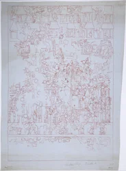 Zeichnung der Südwand, Oberer Tempel der Jaguare, Chichen Itza, Mexiko