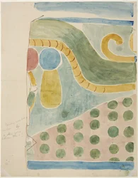Gemälde eines Teils eines Wandgemäldes, das ein Menschenopfer darstellt, über der inneren Tür der inneren Kammer, Oberer Tempel der Jaguare, Chichen Itza, Mexiko