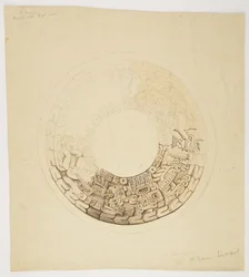 Topfabdeckung aus Belize (ehemals Britisch-Honduras). Kreisförmiges Design, teilweise fehlend, zeigt ein Design mit Figuren von Männern, Glyphen usw.