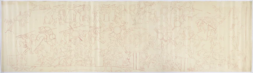 Abzeichnung eines Wandgemäldes von der Westwand, Oberer Tempel der Jaguare, Chichen Itza, Mexiko