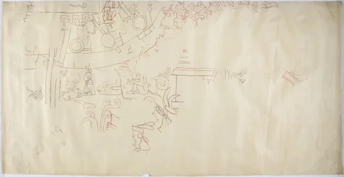 Abzeichnung eines Wandgemäldes aus Casa de Monjas, Chichen Itza, Mexiko, Gewölbe in großer Kammer