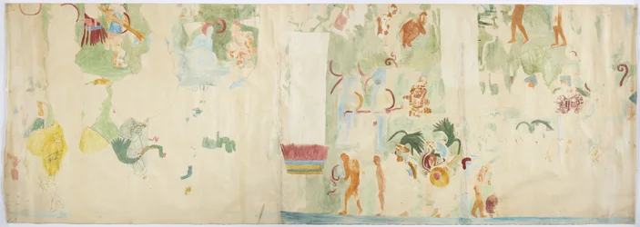 Abzeichnung eines Wandgemäldes vom Nordpanel, Westwand, Oberer Tempel der Jaguare, Chichen Itza, Mexiko