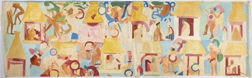 Abzeichnung eines Wandgemäldes von der Südwand, innere Kammer, Oberer Tempel der Jaguare, Großer Ballspielplatz in Chichen Itza, Mexiko (Aquarell & Körperfarbe)