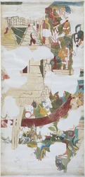 Aquarell auf Leinenpapier, Abzeichnung eines Wandgemäldes aus einem Gewölbe in einer großen Kammer in Casa de Monjas, Chichen Itza, Mexiko