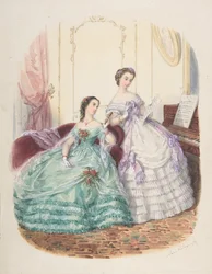 Modestudie: Zwei Frauen im Abendkleid, ca. 1860