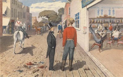 Mr. Rust, Herausgeber des "Pacific Star", und sein Bruder, Dr. Rust, vor einem Saloon in Sacramento City [Kalifornien], September 1851