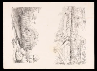 Dorf des Stang-Stammes, Sarawak, Borneo; und eine Brücke aus Stangen über einen Fluss aus dem Westindien-, Nordamerika- und Borneo-Sammelalbum, ca. 1845