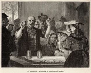 Ein Schausteller in einem Gasthaus in Kruiningen führt seine Nummer vor aufmerksamen Zuschauern auf, graviert nach der Zeichnung von Adolf Dillens, illustriert eine Reise nach Zeeland (Niederlande), 1873, von Charles de Coster, veröffentlicht in „Le tour d
