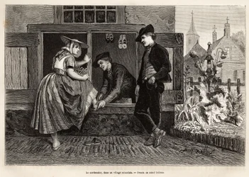 Ein Schuhmacher in einem zeeländischen Dorf, lässt eine junge Frau einen Schuh anprobieren, begleitet von einem jungen Mann, graviert nach der Zeichnung von Adolf Dillens, zur Illustration einer Reise nach Zeeland (Niederlande), veröffentlicht in „Le tour 