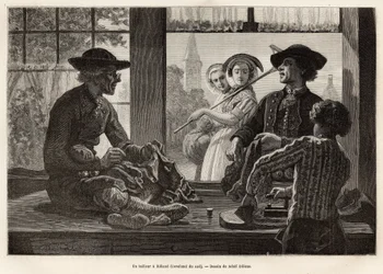 Ein Schneider und sein Lehrling, die am Fenster arbeiten, um das Licht und das Schauspiel der Passanten auf der Straße zu genießen, in Rilland (Süd-Beveland), Gravur nach der Zeichnung von Adolf Dillens, zur Illustration einer Reise nach Zeeland (Niederla
