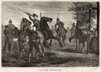Das Rennen zum Ring in Niewland, die jungen Reiter wetteifern darum, mit einer hölzernen Lanze den Ring vom Gestell zu entfernen, an dem er aufgehängt ist, Pferd wirft Galopp; für die ungeschicktesten ist auch ein Holzlöffel von einem nahegelegenen Schild 