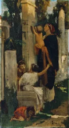 Antike Friedhofsszene (Frau mit Kindern eine Grabstelle schmückend)