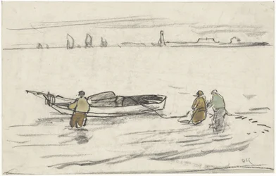 Drei Männer im Wasser ziehen ein Segelboot ans Ufer