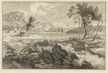 Arkadische Landschaft mit Felsen und Fluss