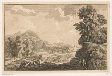 Arkadische Flusslandschaft mit Hirten und Frau mit einem Wäschekorb