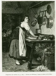 Nudelzubereitung. Gravur von Hildibrand zur Illustration der Geschichte A Travers l