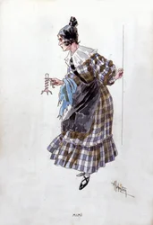 Kostüm der Figur Mimi für die Oper „La Bohème“ von Giacomo Puccini (1858-1924). Aquarell von Adolfo Hohenstein