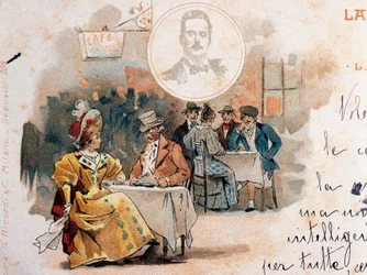 Postkarte von Adolfo Hohenstein (1854-1928) anlässlich der Premiere der Oper La Bohème von Giacomo Puccini (1858-1924), Darstellung einer Szene aus dem zweiten Akt
