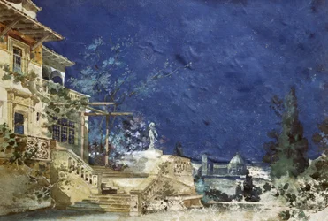 Bühnenbild von Adolfo Hohenstein (1854-1928) für die Premiere von Zanetto, Oper von Pietro Mascagni (1863-1945)