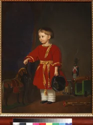 Porträt eines Jungen in einem roten Kleid mit Militärspielzeug