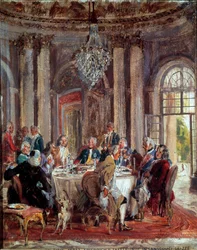 Die Tafelrunde Friedrichs II. von Preußen (1712-1786) mit Voltaire, François-Marie Arouet de Voltaire (1694-1778), und Christoph Ludwig von Stille (1696-1752) im Schloss Sanssouci