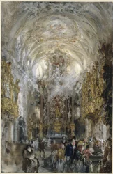 Blick in die Stiftskirche Unserer Lieben Frau zur Alten Kapelle in Regensburg, vorn rechts Personen am Weihwasserbecken