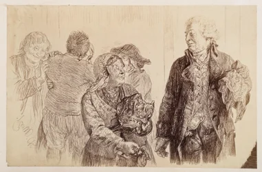 Der Gerichtsrat, mit dem Schnupftuch in der Rechten, wechselt mit der schmollenden Marthe die letzten Worte. Hinter Marthe tauschen Eve und Ruprecht den Versöhnungskuss, zu Heinrich von Kleists „Der zerbrochene Krug“