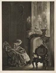 Essay über Stein mit Pinsel und Schaber: Frau liest am Kamin, 1851