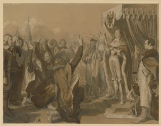 Friedrich Wilhelm Kurfürst von Brandenburg empfängt die Erbhuldigung der Preußischen Landstände zu Königsberg am 18. Oktober 1663. Entwurf für die „Denkwürdigkeiten aus der Brandenburgisch-Preußischen Geschichte“